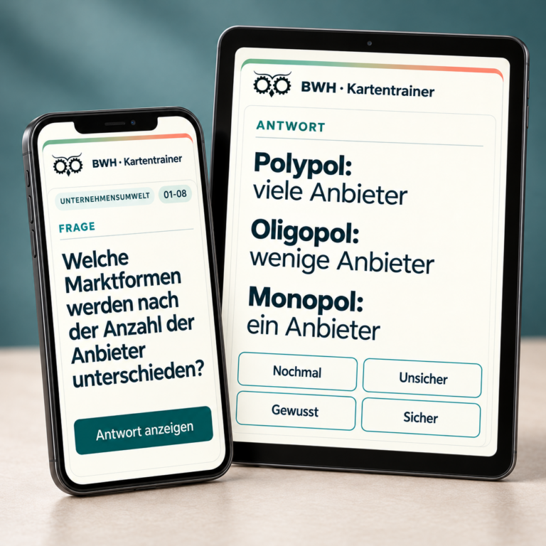 BWH-Kartentrainer: Lernkarte zu Marktformen, Frage auf dem Smartphone und Antwort auf dem Tablet