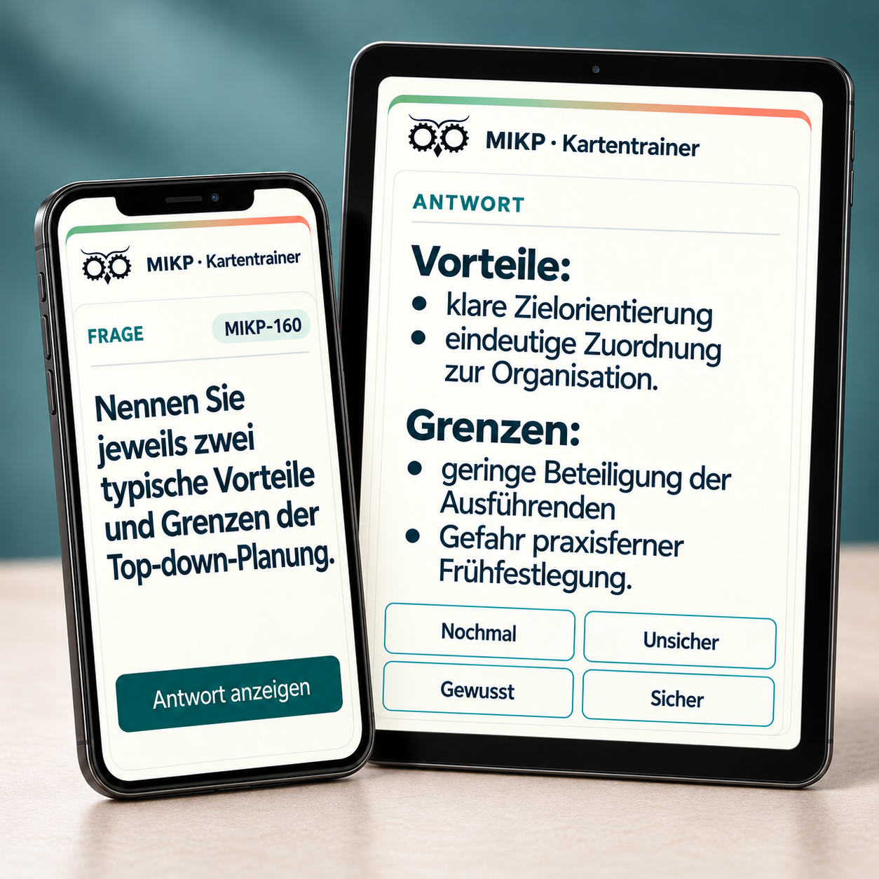 MIKP-Lernkarte: Frage auf dem Smartphone und Antwort auf dem Tablet